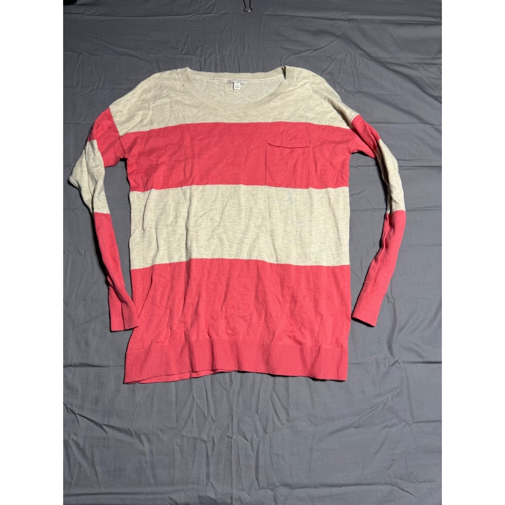 Gap Sweater Women Small Pink Cream Striped Cotton Silk Blend Pocket Pullover